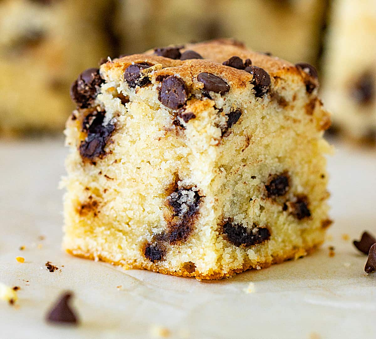 Close-up of a vanilla cake square with chocolate chips on a white surface.