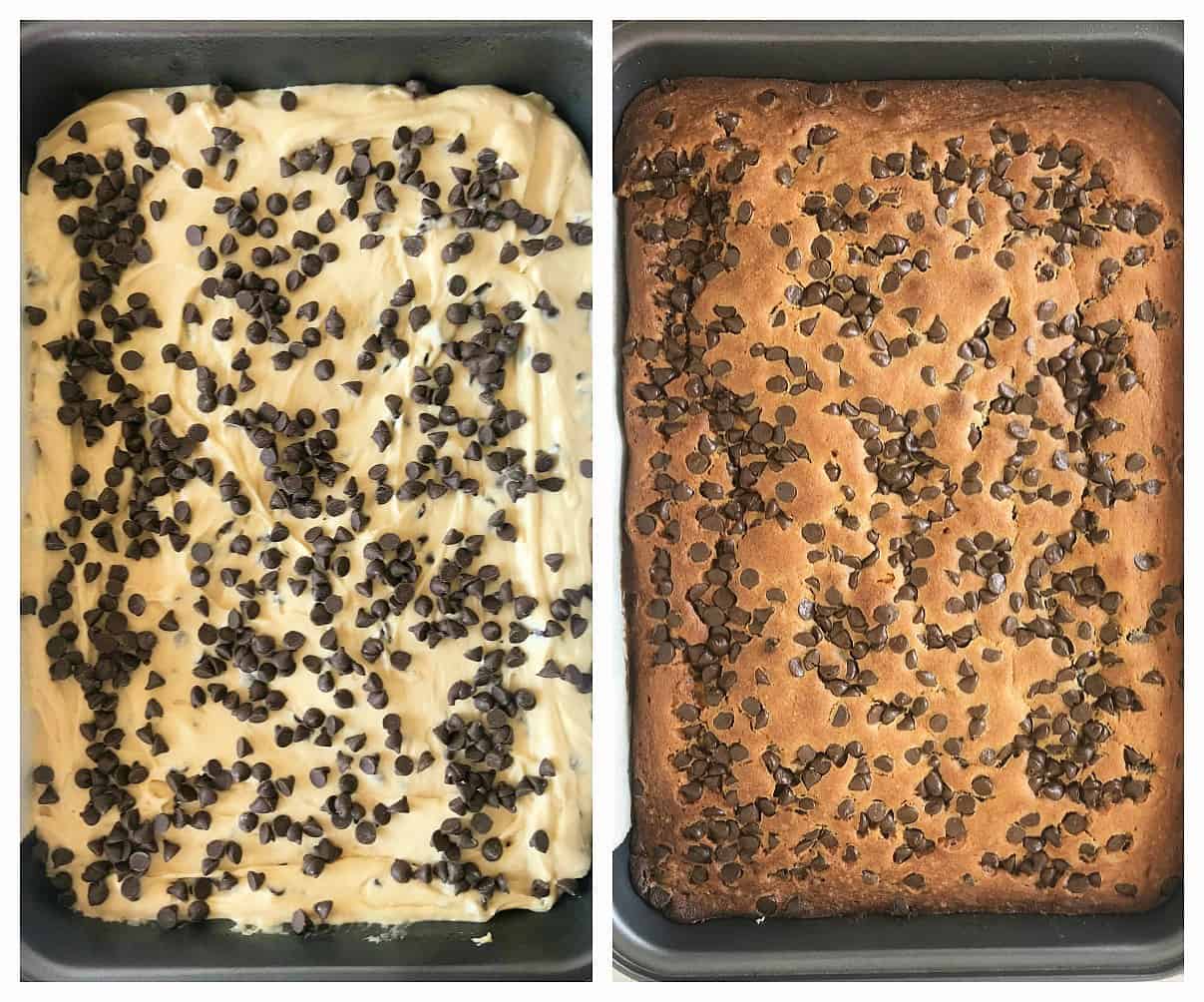 Image collage of vanilla cake with chocolate chips, raw and baked 