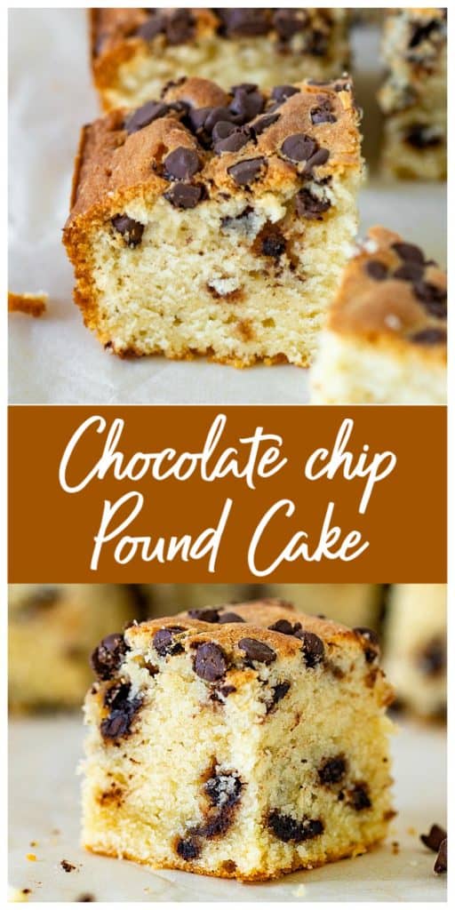 Squares of vanilla cake with chocolate chips, images with text