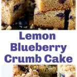 Squares of lemon cake with blueberries on metal surface, loose berries, long pin with text