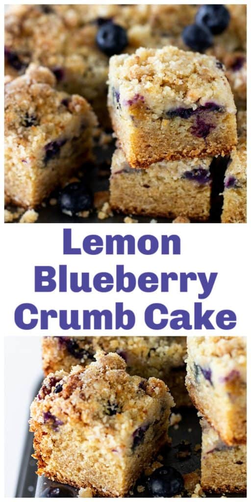 Squares of lemon cake with blueberries on metal surface, loose berries, long pin with text