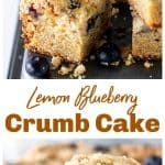Squares of lemon cake with blueberries on metal surface, loose berries, long pin with text