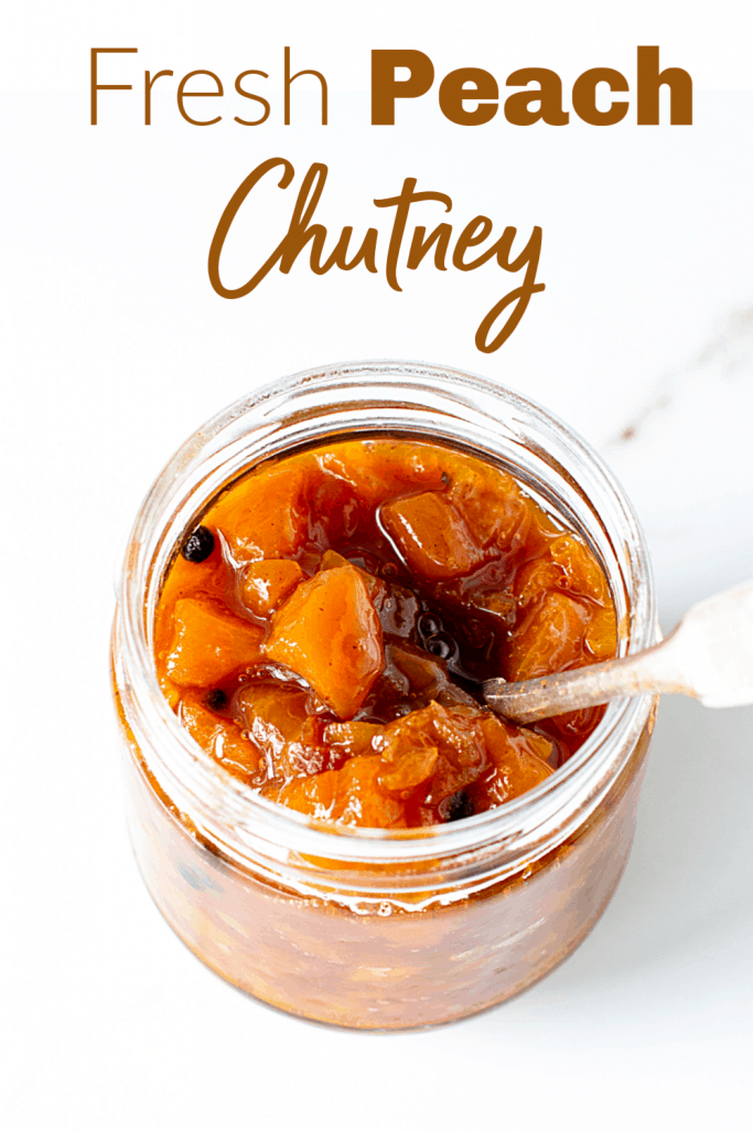 Glass jar with peach chutney, silver spoon inside, image with text