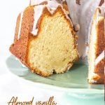 Glazed cut bundt cake on a green cake stand, pin with text