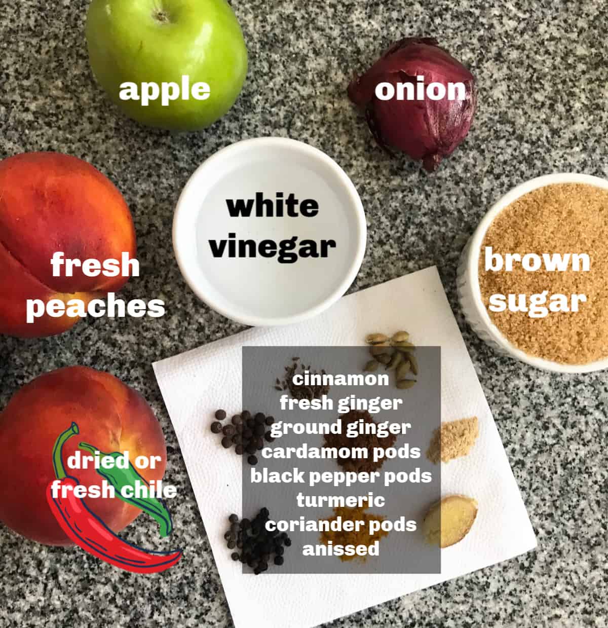 spices, fruits and sugar in bowls on grey surface