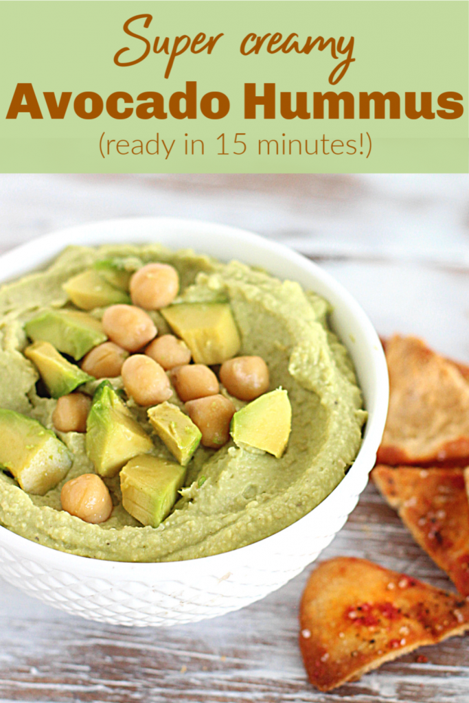 White bowl with green dip, chickpeas and pita chips; image with text