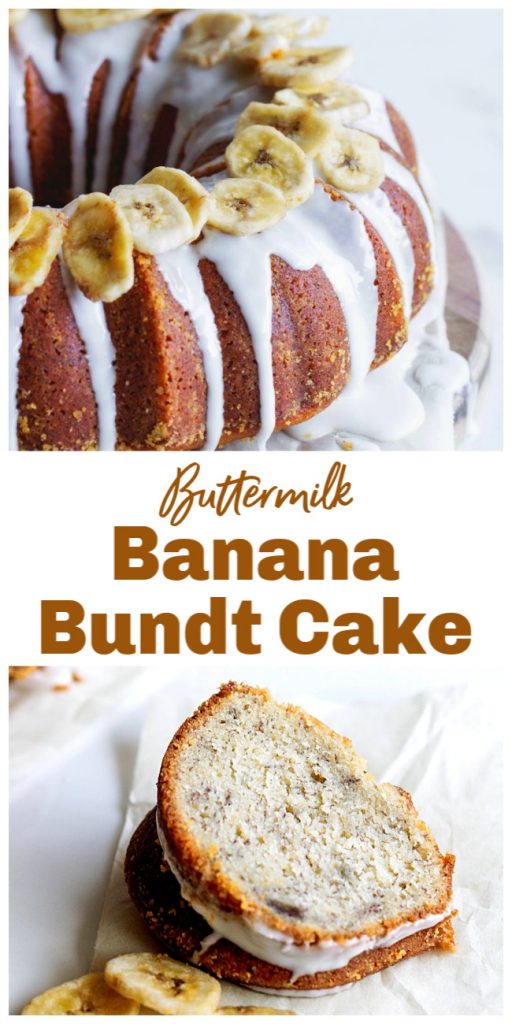 Slice and whole bundt cake, image collage with text