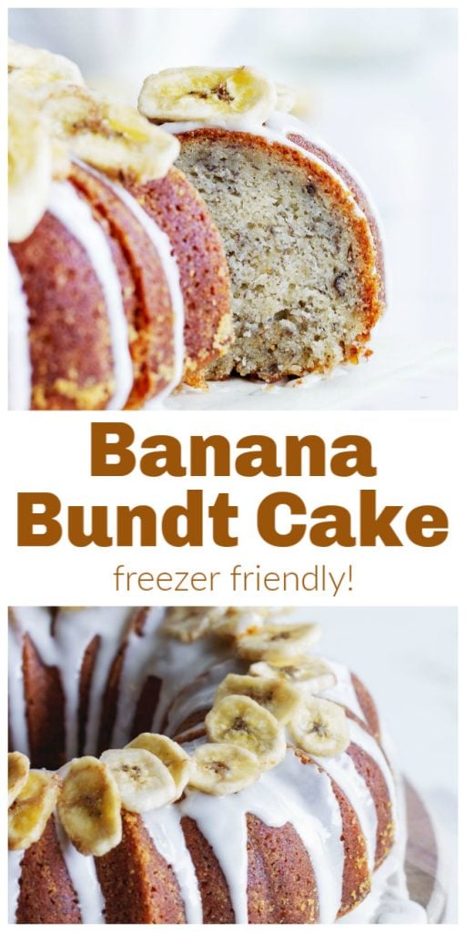 Slice of banana cake pulled out from whole bundt, image collage with text