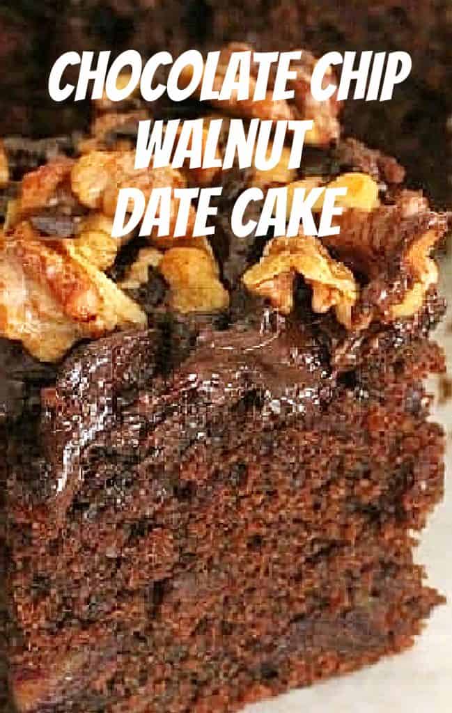 Close up image of chocolate cake topped with walnuts; white text overlay