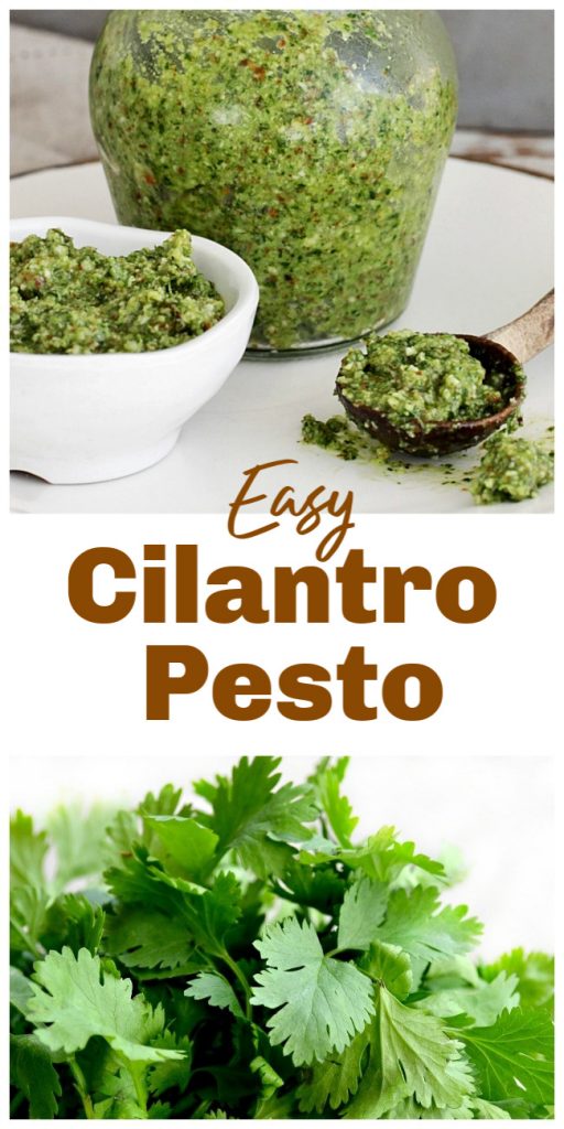 Image collage of jar and bowl with pesto, loose cilantro leaves
