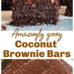 Squares of chocolate brownie on light blue surface, loose coconut around, image with text