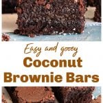 Squares of chocolate brownie on light blue surface, loose coconut around, image with text