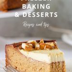 Slice of cheesecake on white plate with fork, grey background, image with text