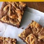 Three squares of peanut butter swirl brownies on white paper, yellow and white text