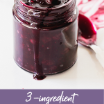 Glass jar with blueberry sauce, spoon, white background, image with text