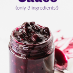 Glass jar with blueberry sauce, spoon, white background, image with text