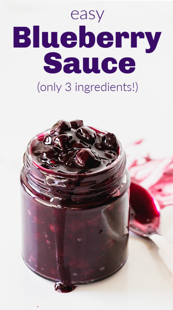 Glass jar with blueberry sauce, spoon, white background, image with text