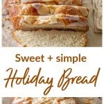 Braided bread, slices and whole on parchment paper; image with text