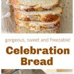 Braided bread, slices and whole on parchment paper; image with text