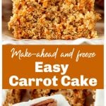 Squares of frosted carrot cake; image collage with text