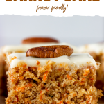 Square of frosted carrot cake; image with text