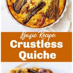 Image collage of quiche in ceramic dish, serving on white plate