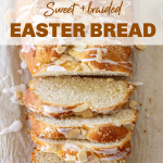 Easter braid, slices and whole on parchment paper; image with text