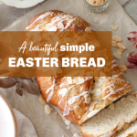 Easter braid on beige table, cup of tea, almonds; image with text