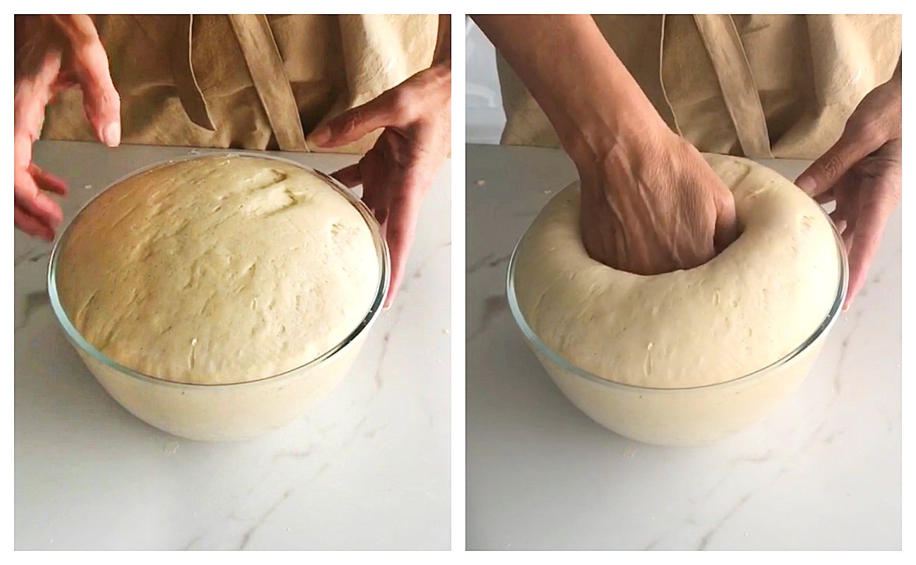 Image collage of bowl with dough, hands deflating it