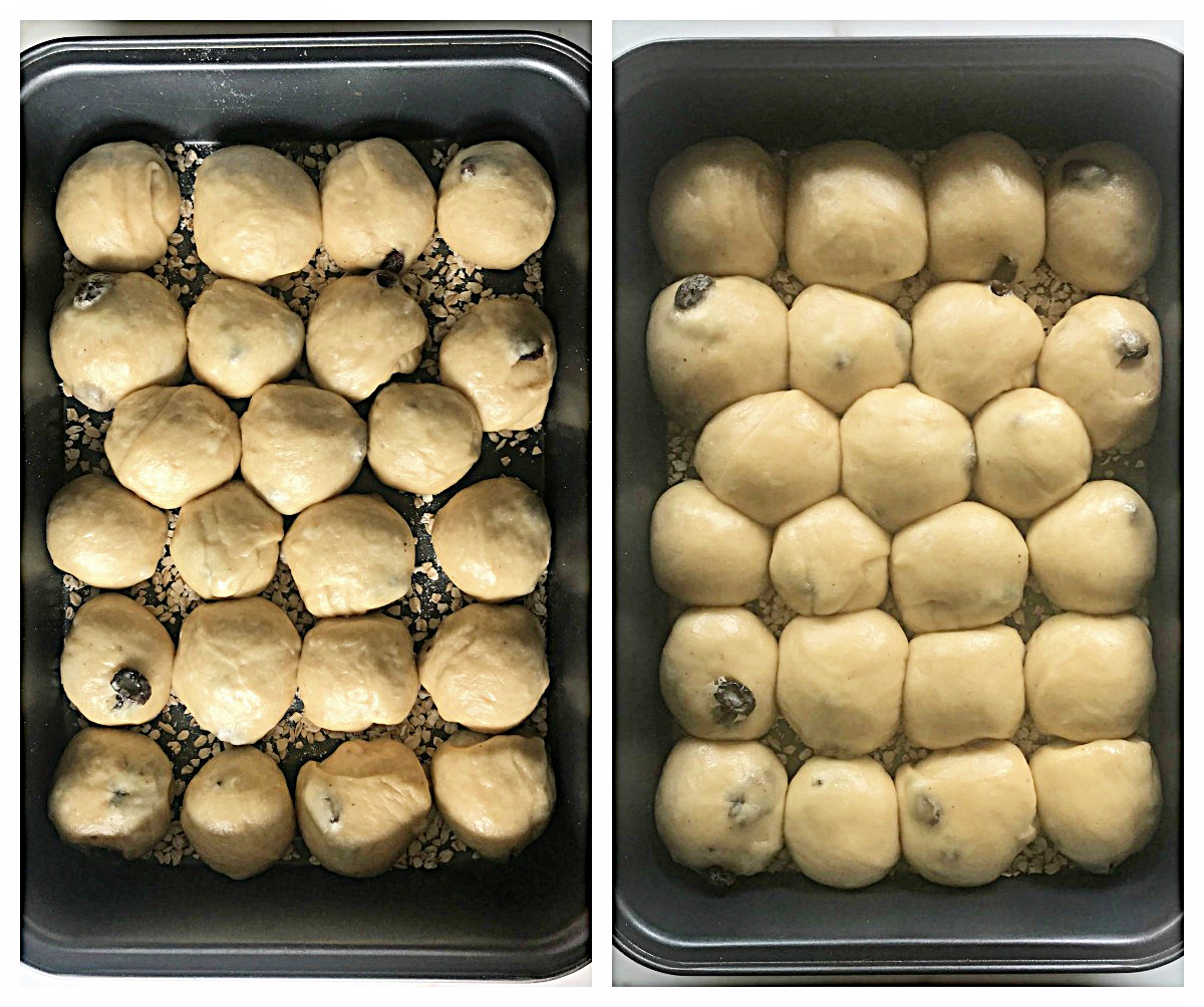 Metal pans with small buns, before and after leavening