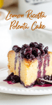 Slice of lemon cake with blueberry sauce, image with text