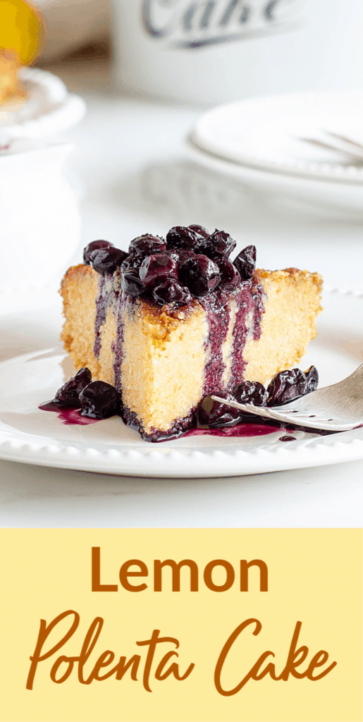 Slice of lemon cake with blueberry sauce, image with text