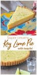 Slice of lime pie, colorful plate, whole pie in grey surface; image with text