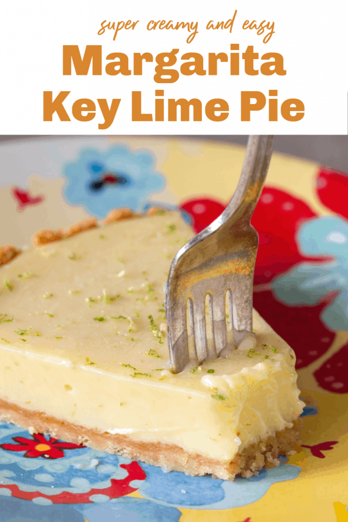 Slice of lime pie and fork on colorful plate, image with text