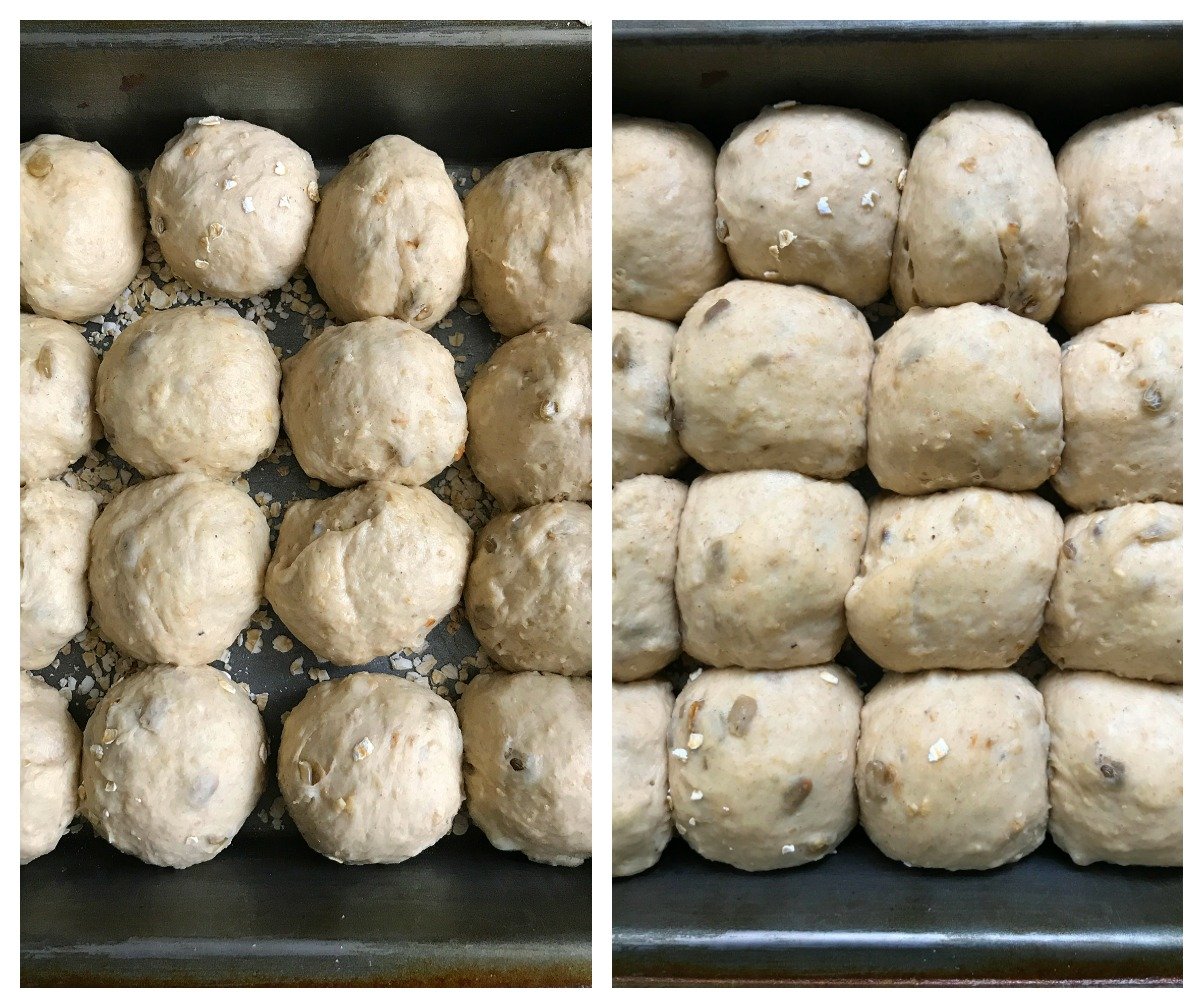 Image collage of unbaked rolls in metal pans