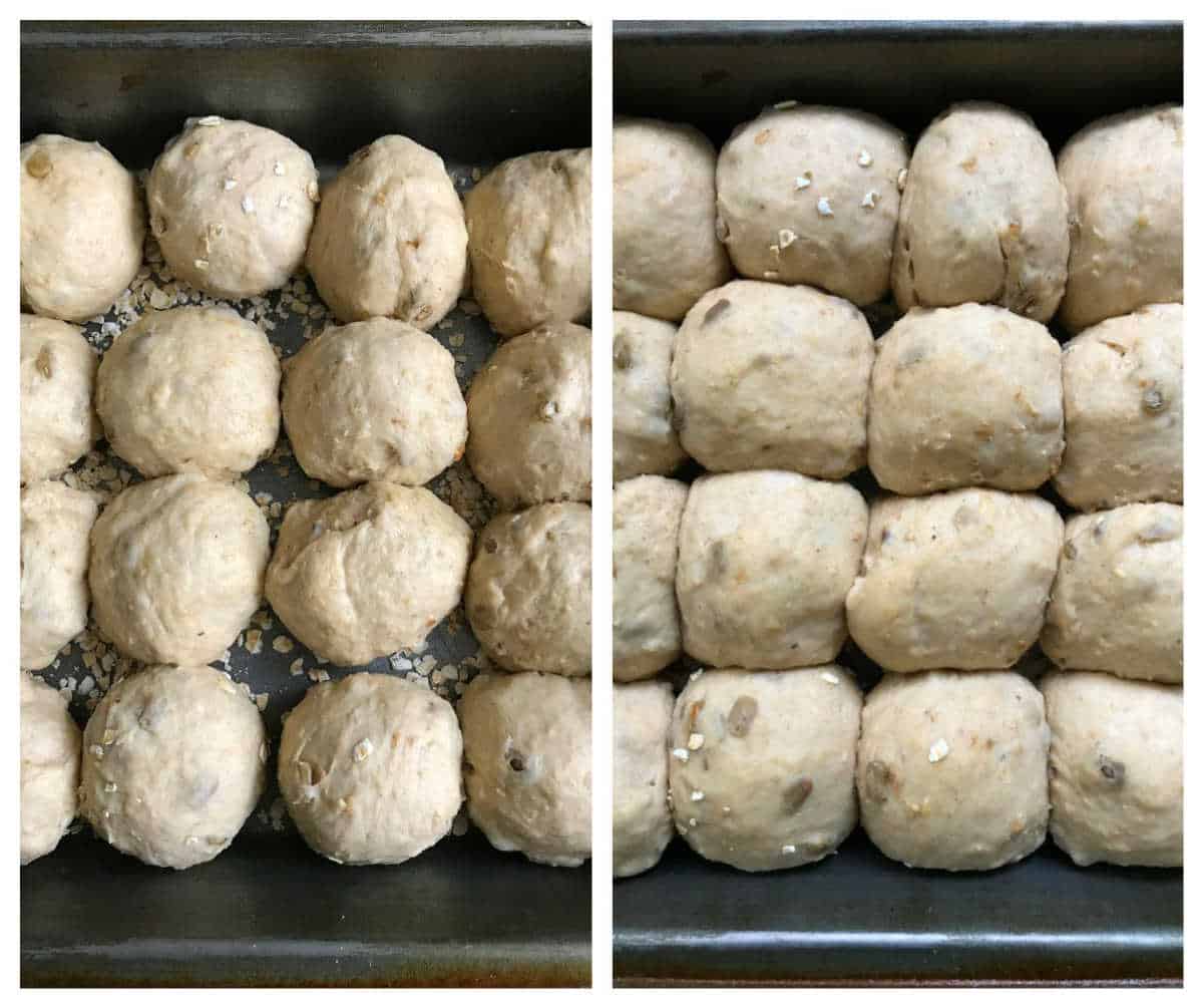 Unbaked dinner oatmeal rolls in metal pans, before and after proofing.