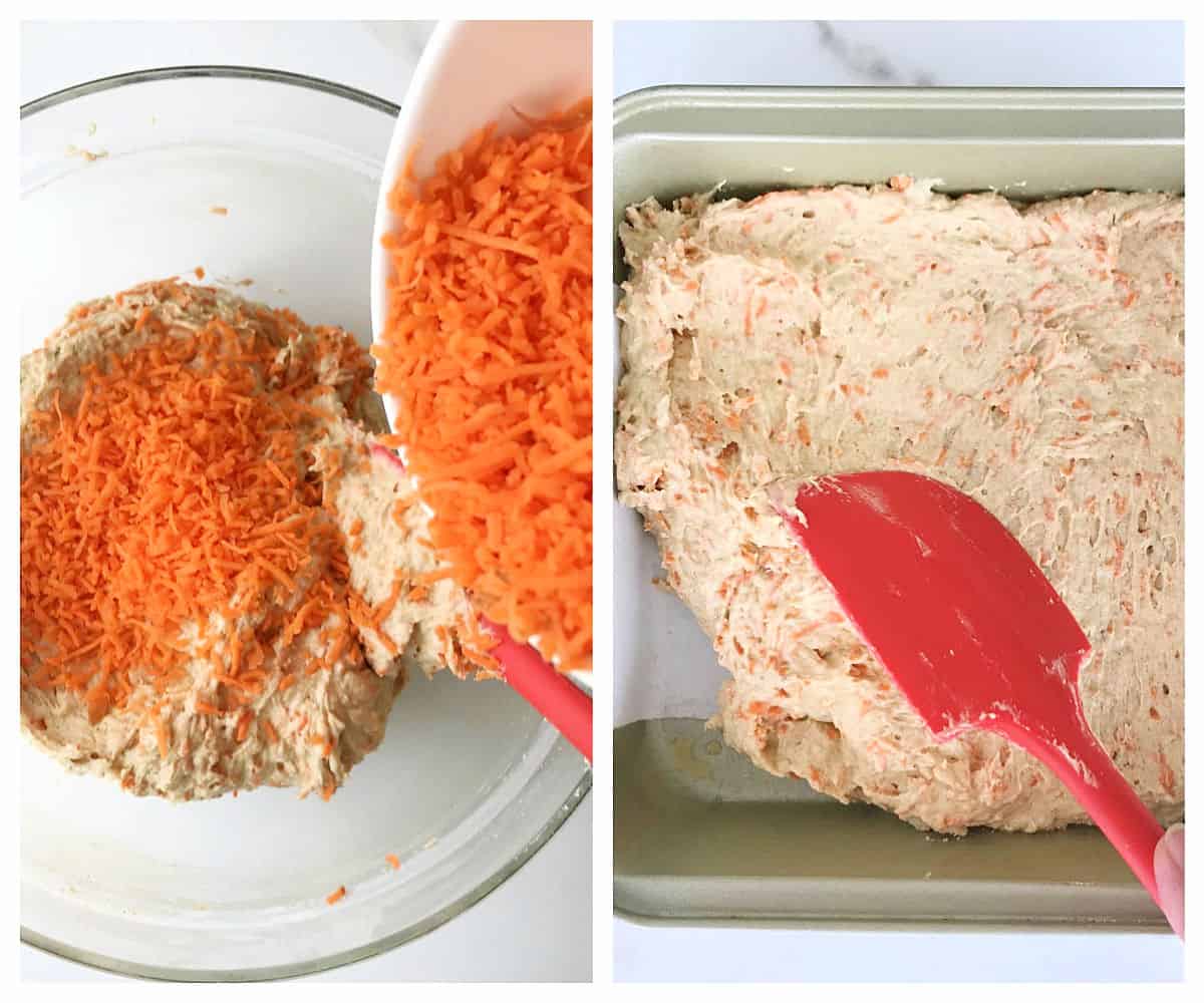 Image collage of grated carrots being added to cake batter. Red spatula, metal pan