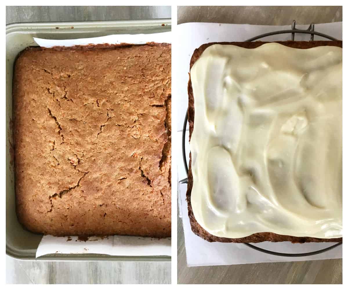 Two image collage of baked square cake in metal pan, with and without white frosting.