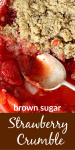 Silver spoon in dish with strawberry crumble, image with text