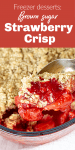 Strawberry crisp spooned from glass dish, image with text