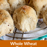 Dinner rolls on wire rack, image with text