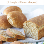 Loaf bread and buns on white kitchen towel, whole and sliced, image with text