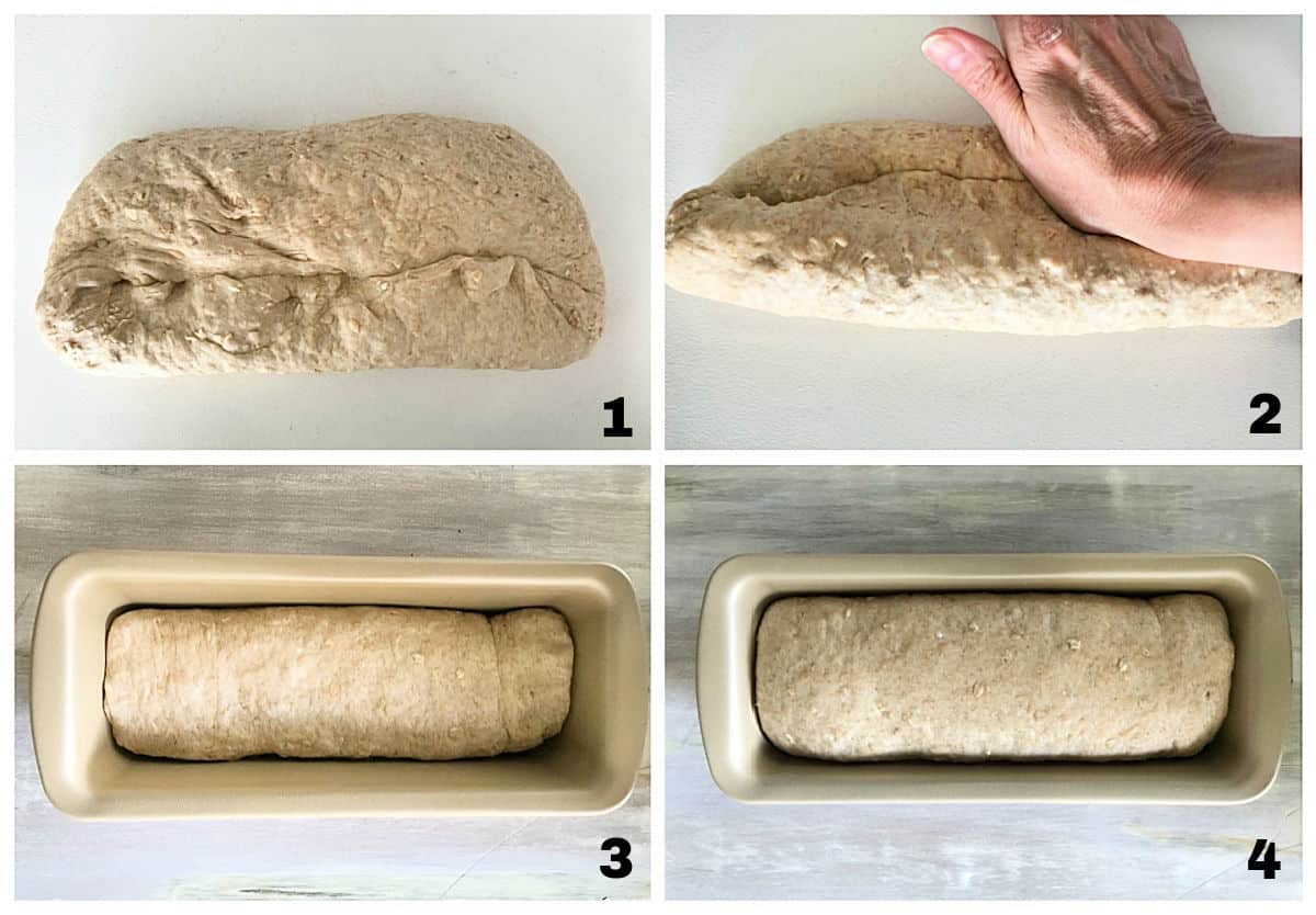 Making a loaf shaped bread with an oatmeal dough. Four image collage.