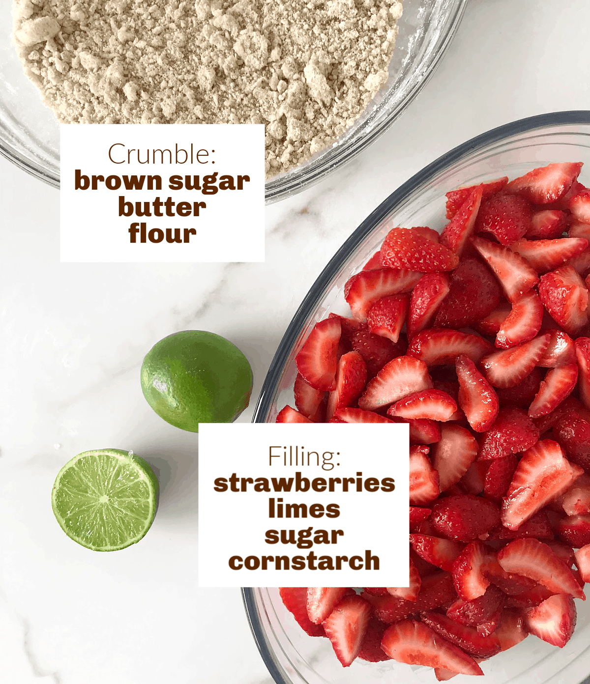 Image with text; limes, dish with strawberries, bowl with crumble.