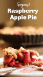Slice of pie with red filling on white plate, whole pie in background; image with text