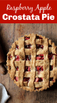 Whole lattice pie on wooden board, image with text