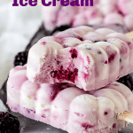 Stack of two white and purple ice cream popsicles, one is bitten, on grey surface; image with text