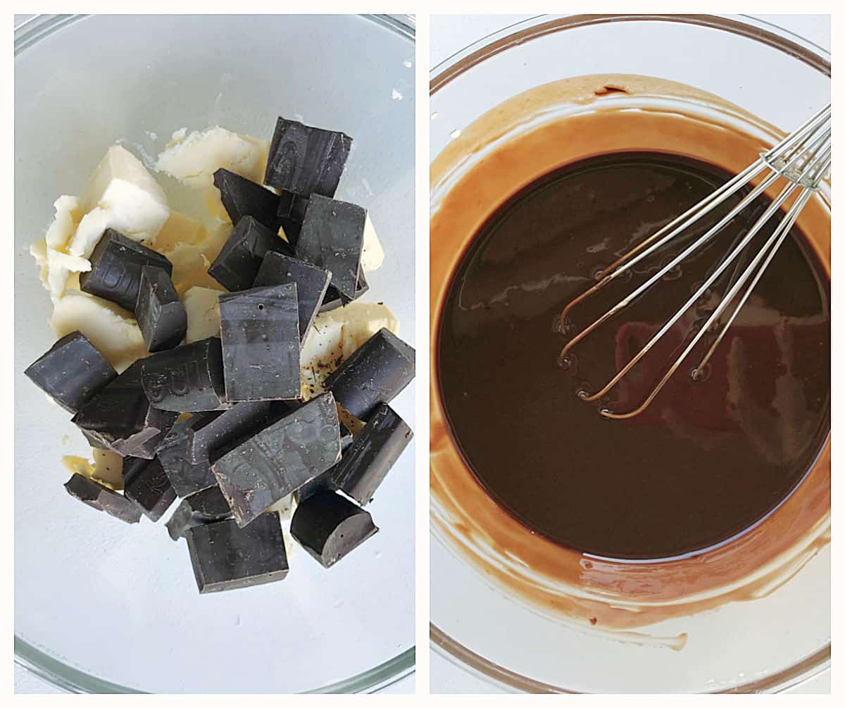 Image collage of glass bowl with butter and chocolate pieces, and already melted ingredients with wire whisk.