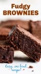 Brownie square leaning on another, white surface, image with text