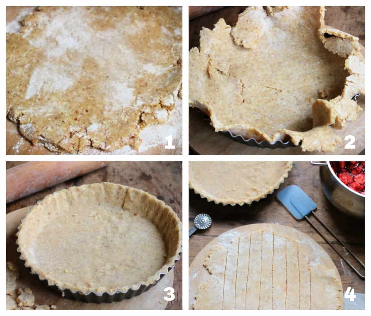 Four image collage of pie rolling and pan lining process.